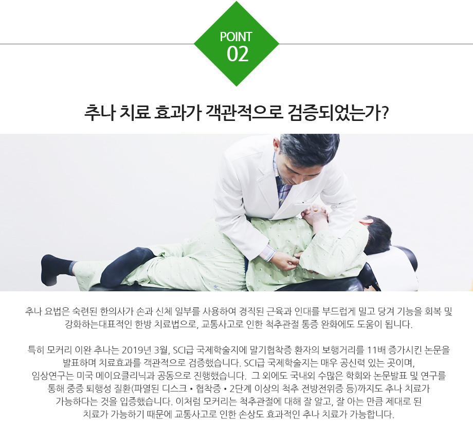 추나 치료 효과가 객관적으로 검증되었는가? 추나 요법은 숙련된 한의사가 손과 신체 일부를 사용하여 경직된 근육과 인대를 부드럽게 밀고 당겨 기능을 회복 및 강화하는대표적인 한방 치료법으로, 교통사고로 인한 척추관절 통증 완화에도 도움이 됩니다. 특히 모커리 이완 추나는 2019년 3월, SCI급 국제학술지에 말기협착증 환자의 보행거리를 11배 증가시킨 논문을 발표하며 치료효과를 객관적으로 검증했습니다. SCI급 국제학술지는 매우 공신력 있는 곳이며, 임상연구는 미국 메이요클리닉과 공동으로 진행했습니다.  그 외에도 국내외 수많은 학회와 논문발표 및 연구를 통해 중증 퇴행성 질환(파열된 디스크•협착증•2단계 이상의 척추 전방전위증 등)까지도 추나 치료가 가능하다는 것을 입증했습니다. 이처럼 모커리는 척추관절에 대해 잘 알고, 잘 아는 만큼 제대로 된 치료가 가능하기 때문에 교통사고로 인한 손상도 효과적인 추나 치료가 가능합니다. 