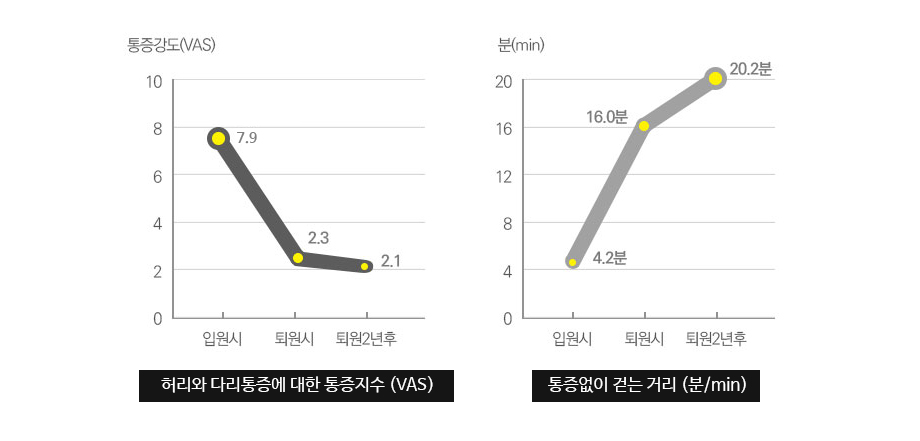 허리와 하지방사통에 대한 통증지수 (VAS) / 통증없이 걷는 거리 (분/min)